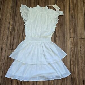 Savanna Jane NWT Swiss Dot Tiered Mini Dress Smocked High Neck Flutter Sleeve S